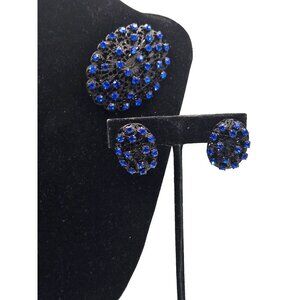 Antique Deco Czech Black and Blue Brooch and Matching Clip Earrings Japanned